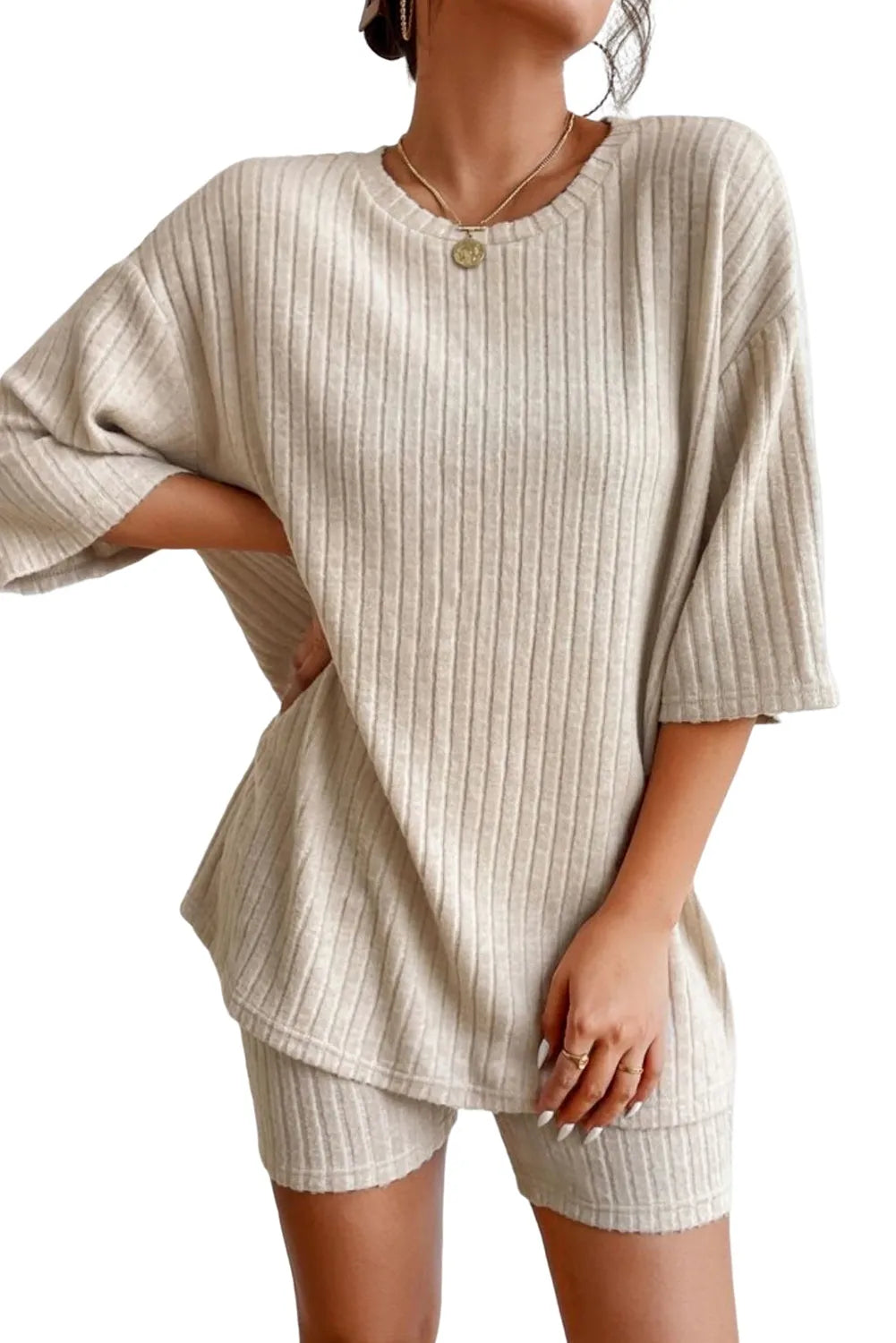 Apricot Plain Ribbed Loose Fit Two Piece Lounge Set Loungewear & Sleepwear/Loungewear - Tophatter Daily Deals
