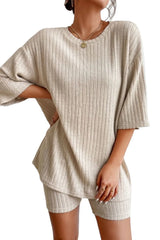 Apricot Plain Ribbed Loose Fit Two Piece Lounge Set Loungewear & Sleepwear/Loungewear - Tophatter Daily Deals