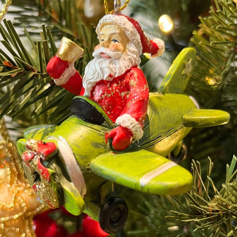 Santa in Plane Christmas Bauble | Santa Claus Resin Christmas Tree Ornament 9cm Baubles - Tophatter Daily Deals