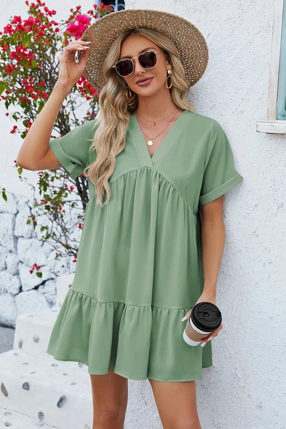 Ruched Tiered V-Neck Short Sleeve Mini Dress Casual Dresses - Tophatter Daily Deals