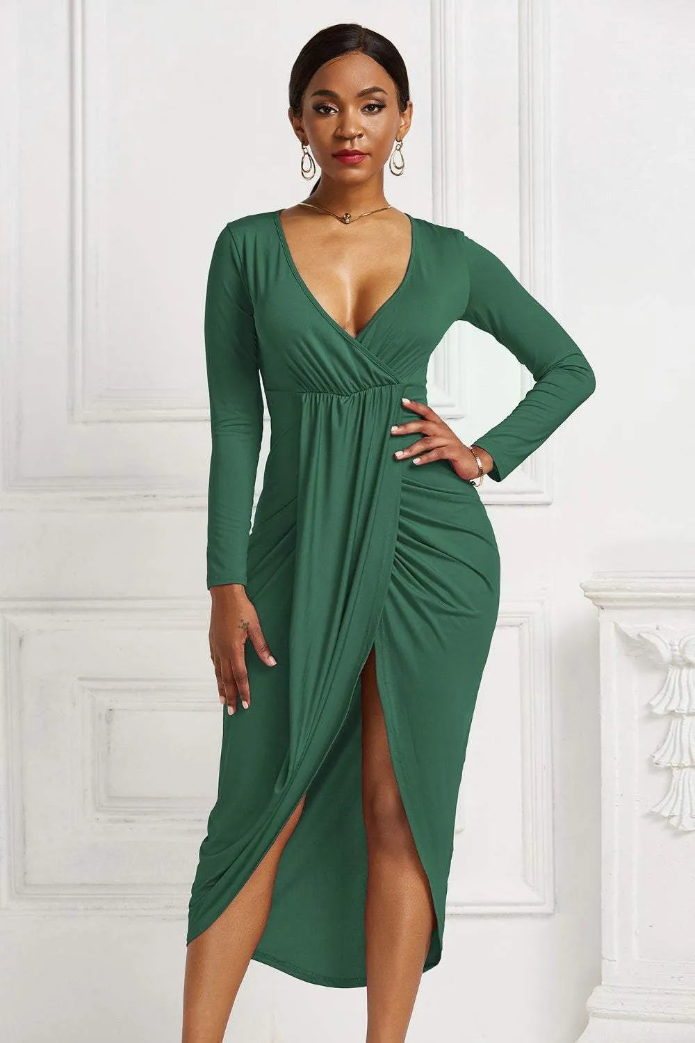 High-low Ruched Surplice Long Sleeve Dress Cocktail Dresses - Tophatter Daily Deals