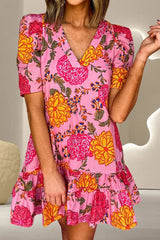 Ruffled Printed Short Sleeve Mini Dress Blush Pink Casual Dresses - Tophatter Daily Deals