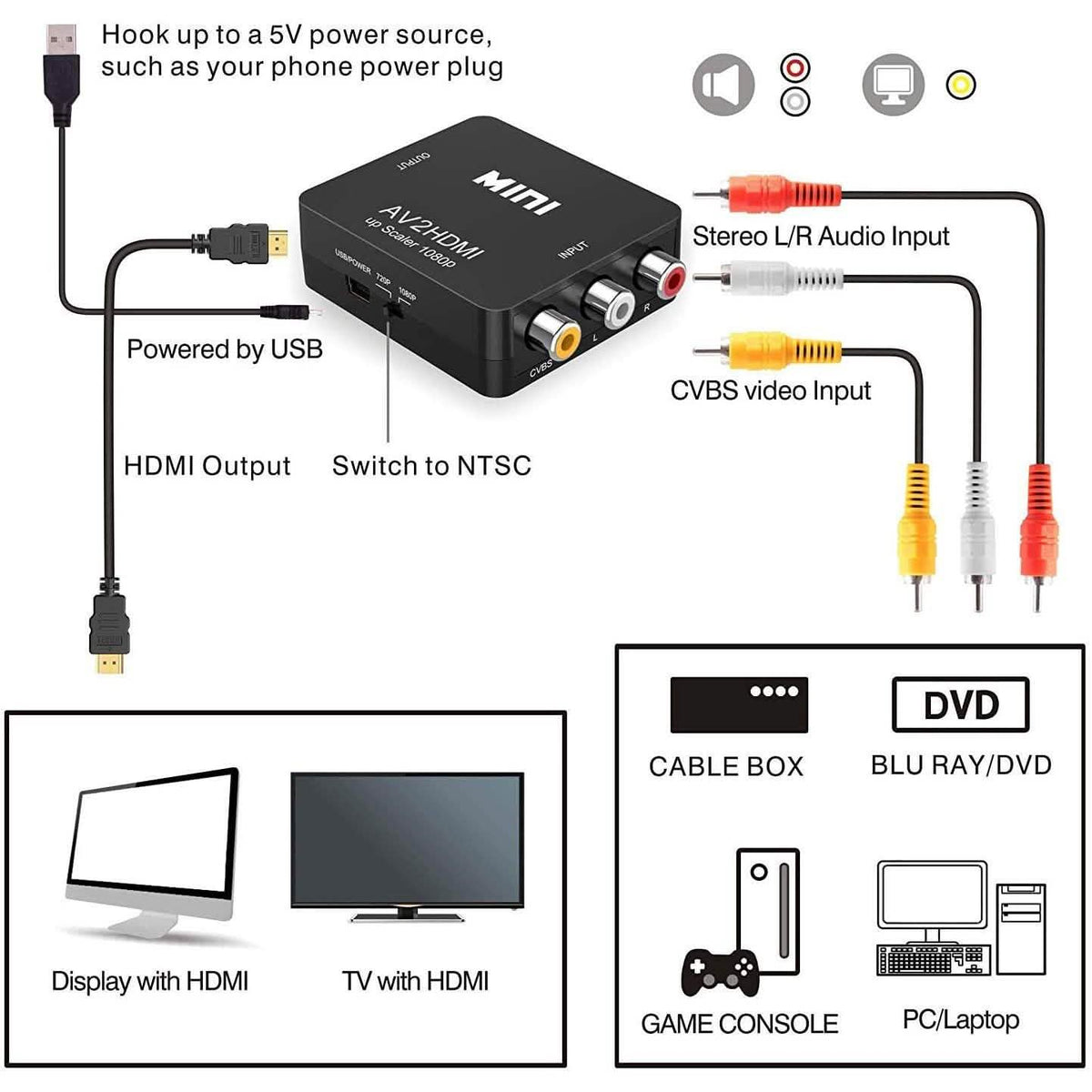 ABLEWE 1080P Mini RCA Composite CVBS Video Audio Converter Adapter TV & Video - Tophatter Daily Deals