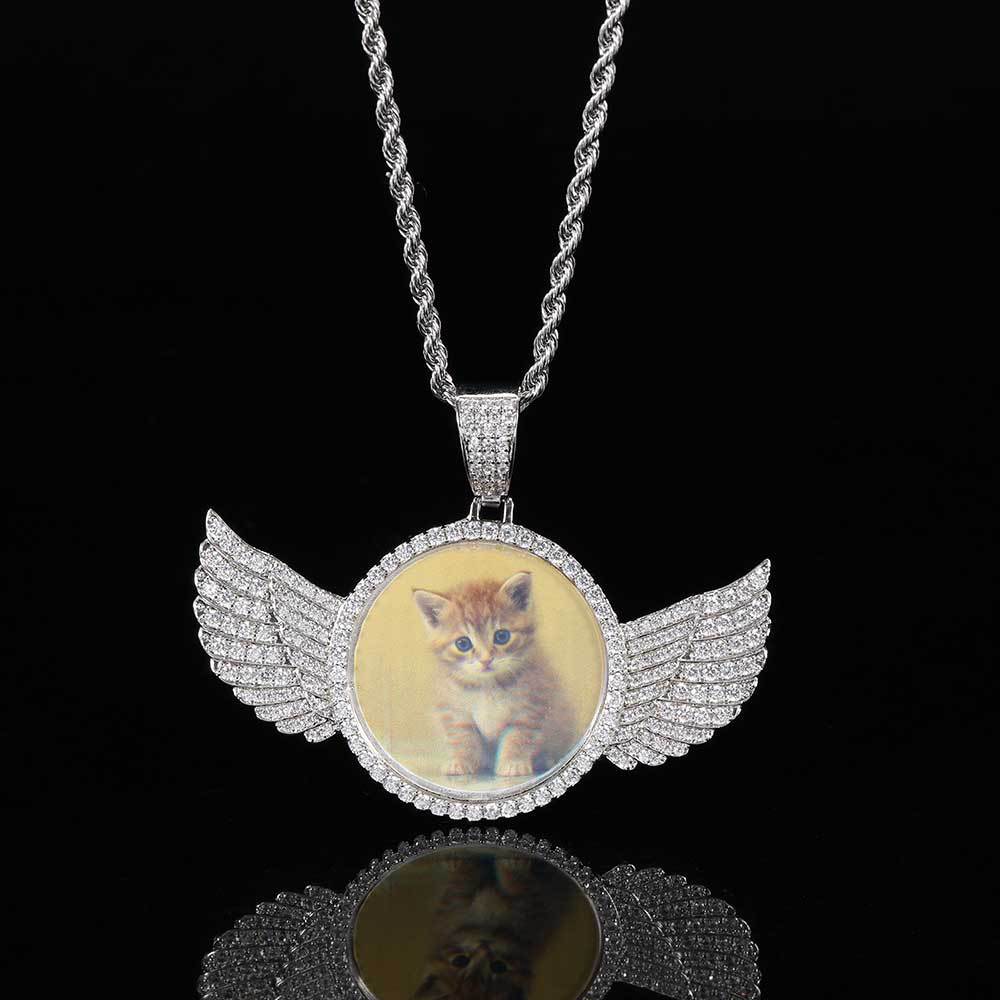 Angel Wings Medallions Custom Photo Pendant Necklace For Men Hip Hop Jewelry Iced Out Pendant Custom Engraved Name Memory Gift B 7 - Tophatter Daily Deals