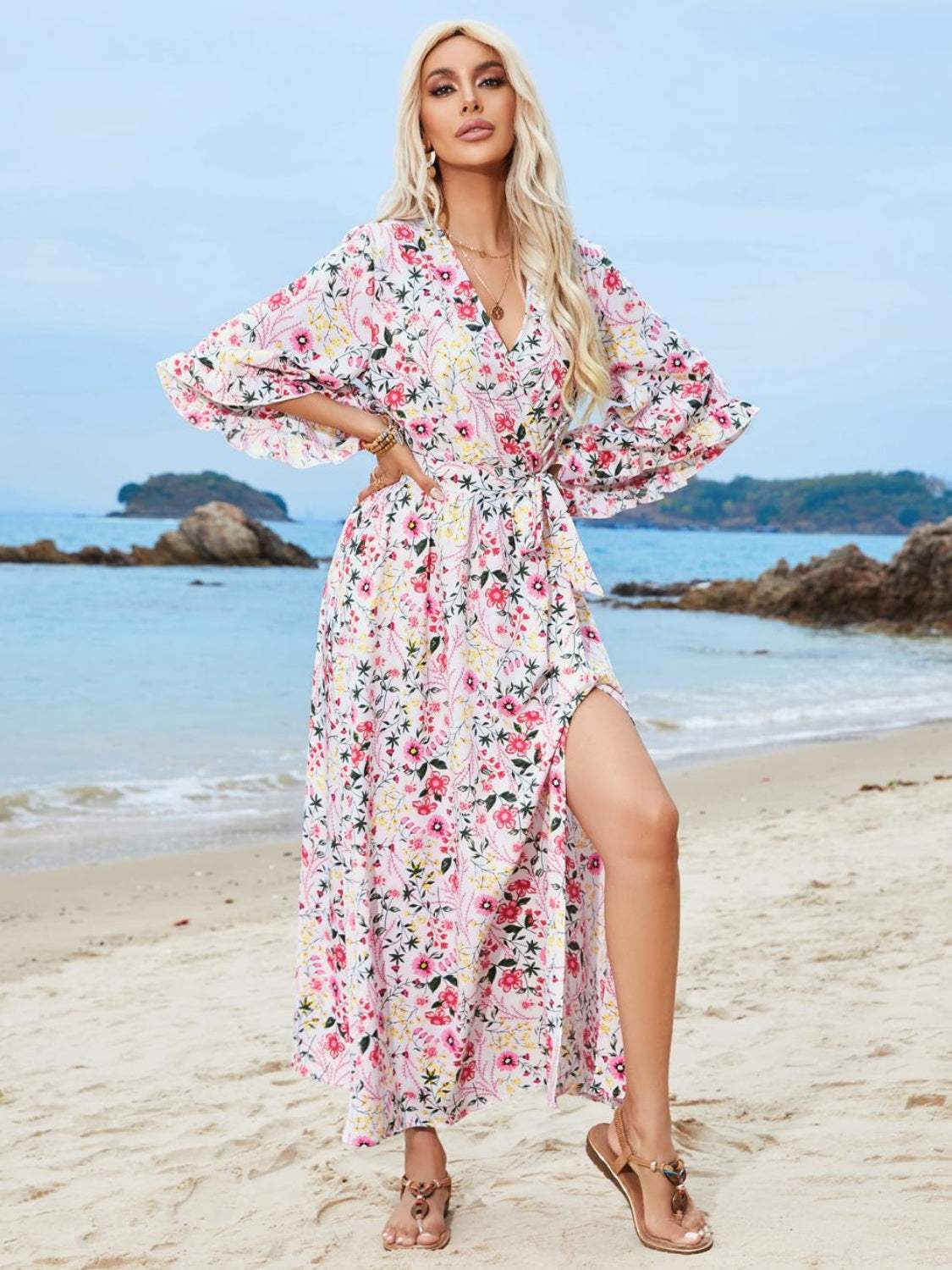 Tied Printed Three-Quarter Sleeve Midi Dress Casual Dresses - Tophatter Daily Deals