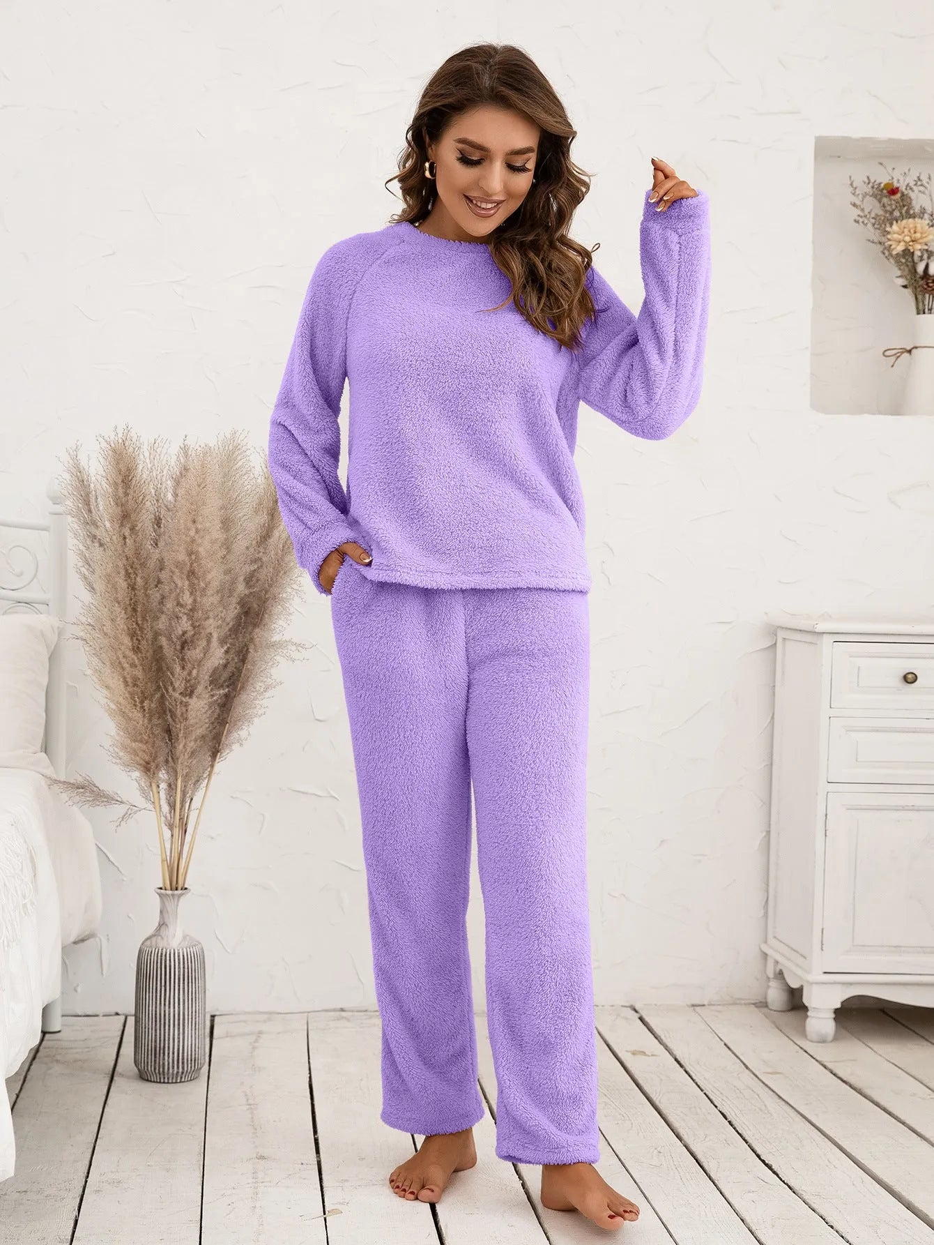 Teddy Long Sleeve Top and Pants Lounge Set Lavender Loungewear Sets - Tophatter Daily Deals