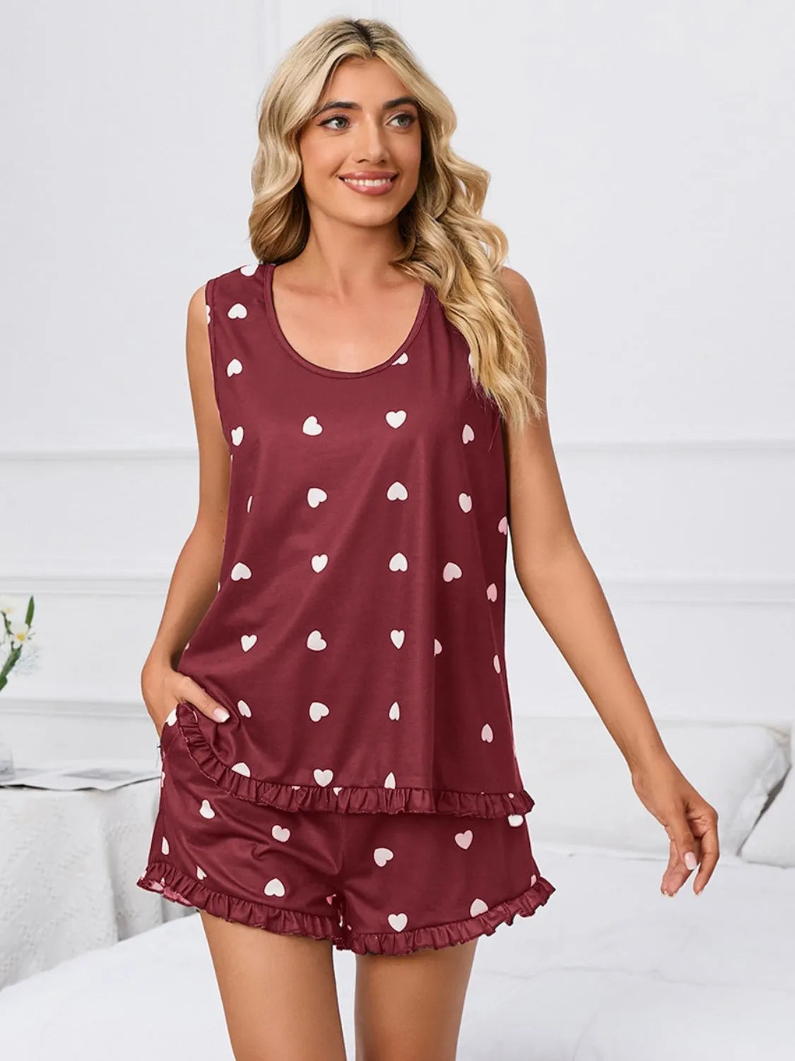 Heart Scoop Neck Tank and Shorts Lounge Set Loungewear Sets - Tophatter Daily Deals