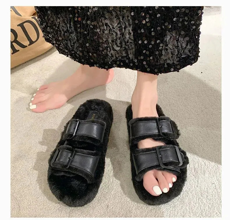 Women's Fashion All-match Furry Fleece-lined Belt Buckle Cotton Slippers Humidifier - Tophatter Daily Deals