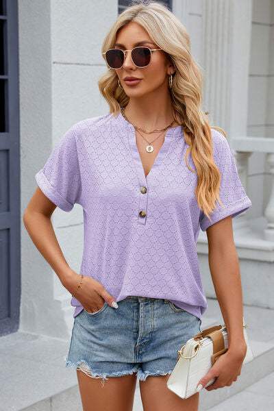 Eyelet Notched Short Sleeve T-Shirt Lavender Women's T-Shirts - Tophatter Daily Deals