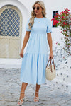 Smocked Round Neck Flounce Sleeve Midi Dress Casual Dresses - Tophatter Daily Deals