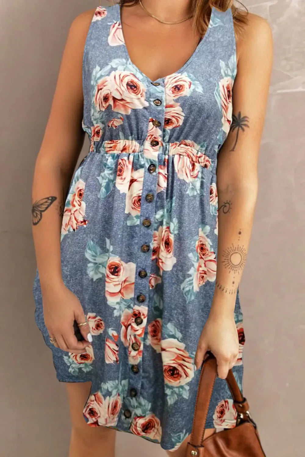 Double Take Printed Scoop Neck Sleeveless Buttoned Magic Dress with Pockets Casual Dresses - Tophatter Daily Deals