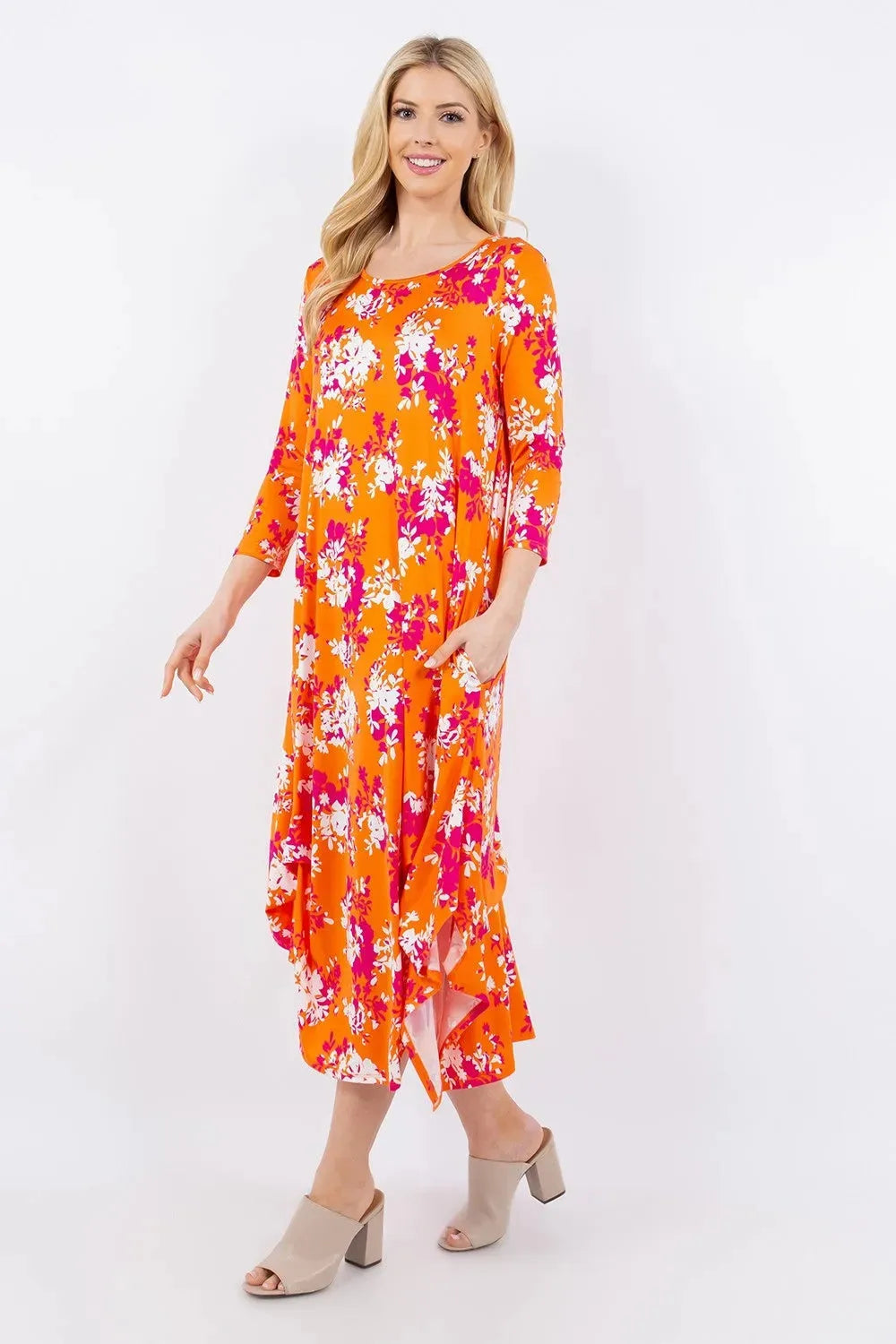 Celeste Full Size Pick-Up Hem Asymmetric Floral Midi Dress Casual Dresses - Tophatter Daily Deals