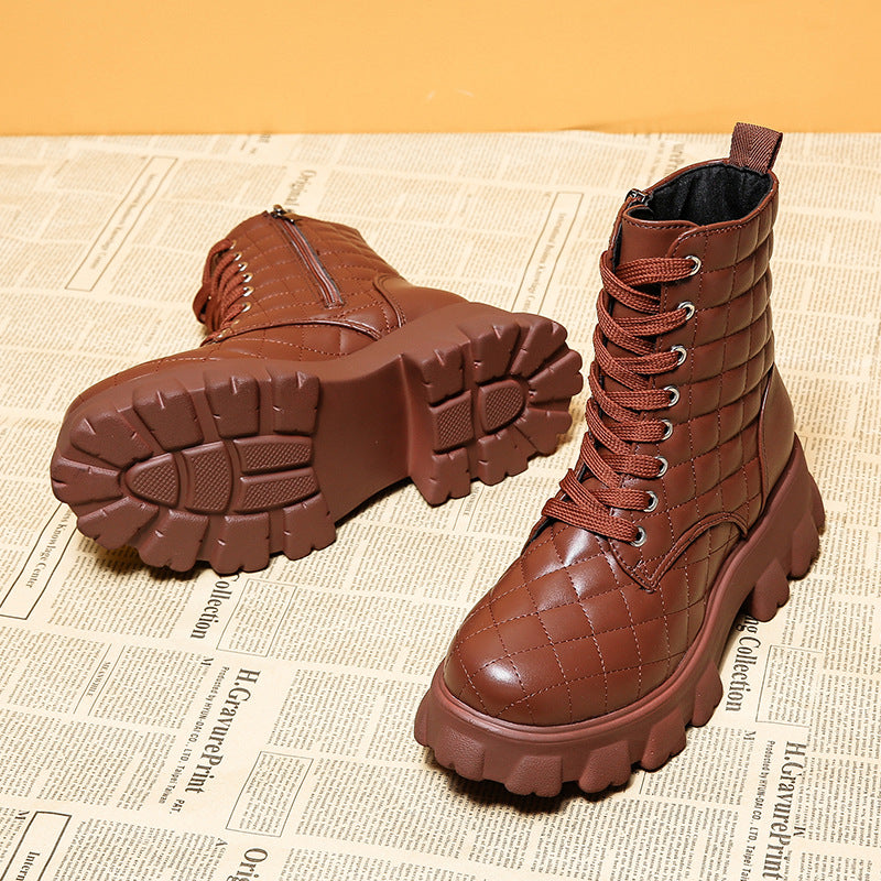 Autumn And Winter Lace Up Plus Size Handsome Thick Soled Motorcycle Boots Coffee 0 - Tophatter Daily Deals