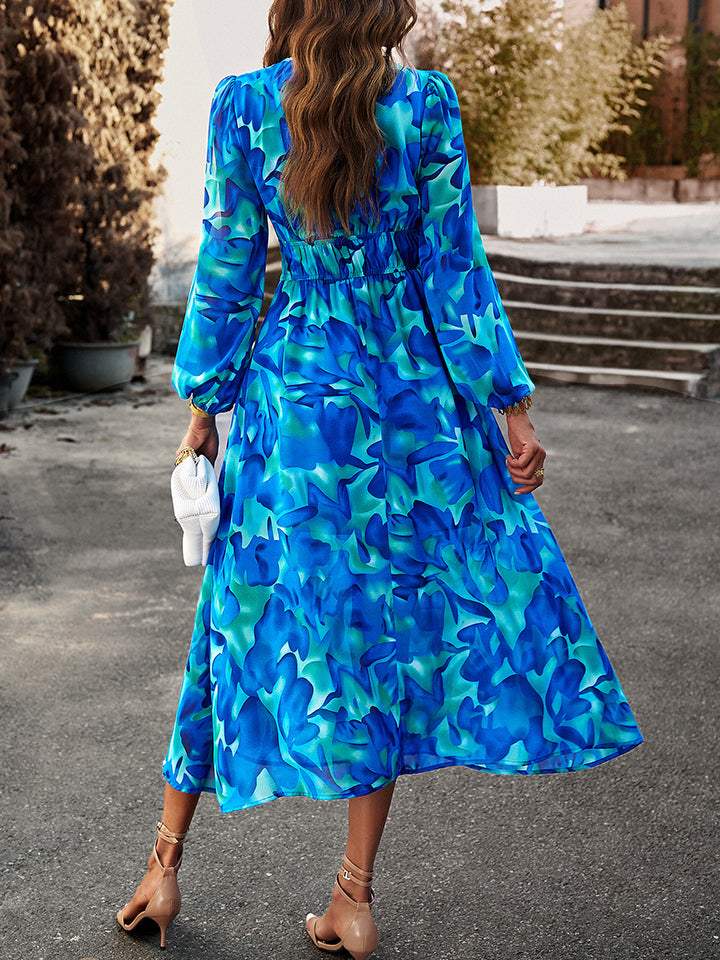 Printed V-Neck Long Sleeve Midi Dress Casual Dresses - Tophatter Daily Deals