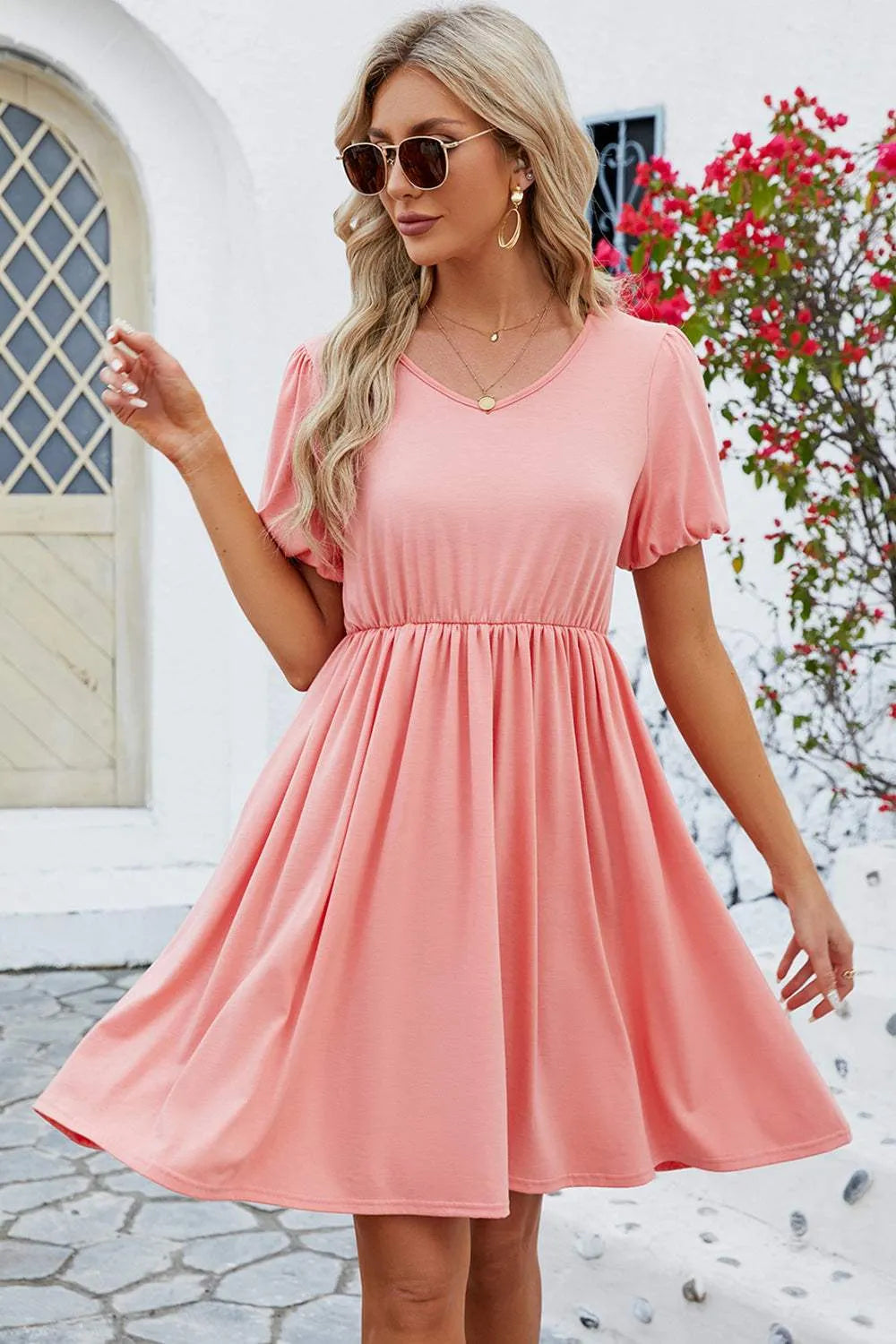 V-Neck Balloon Short Sleeve Dress Burnt Coral Casual Dresses - Tophatter Daily Deals