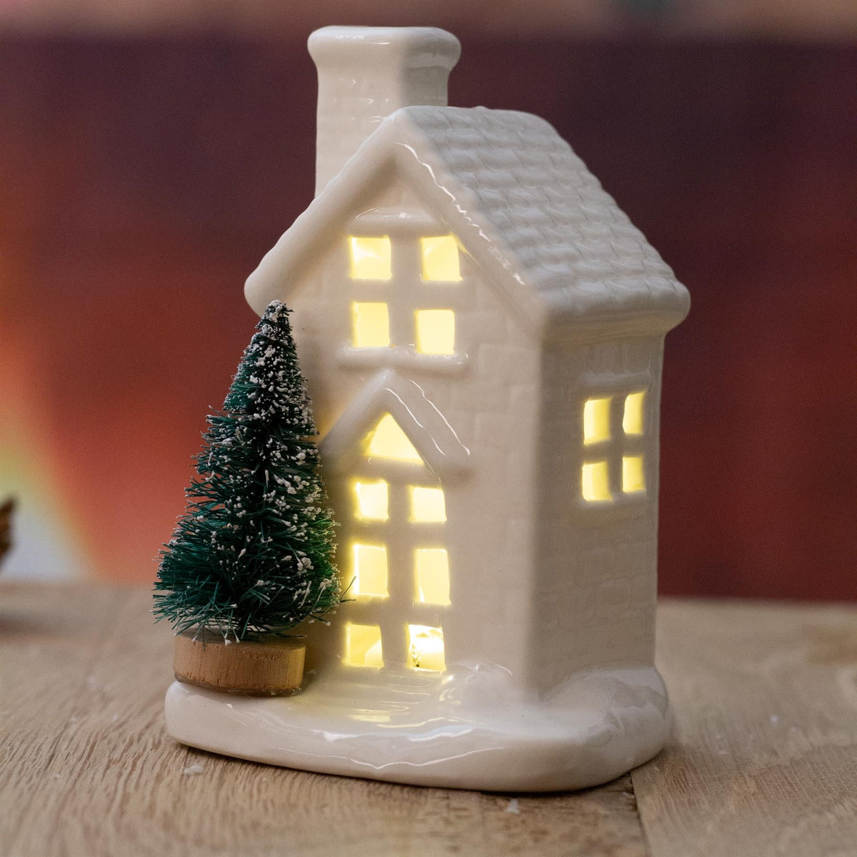 Mini White Ceramic LED Christmas House with Trees Ornament | Light up Decoration Ornament - Tophatter Daily Deals
