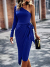 One-Shoulder Pleated Detail Belted Dress Cocktail Dresses - Tophatter Daily Deals