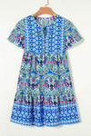 Printed Tie Neck Short Sleeve Dress Peacock Blue Casual Dresses - Tophatter Daily Deals