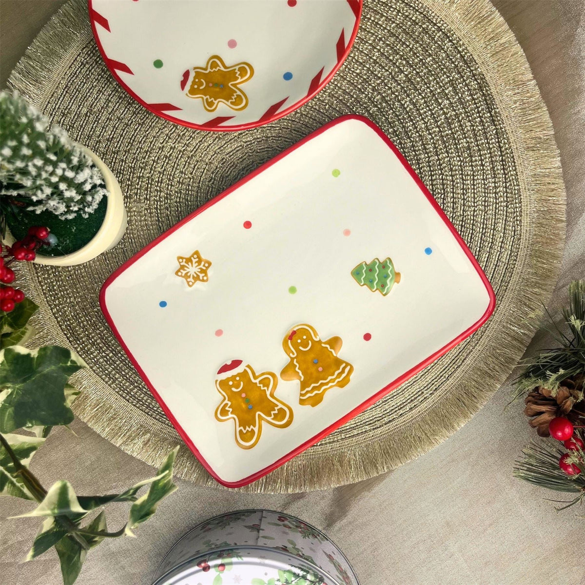 Ceramic Christmas Gingerbread Plate | Rectangle Christmas Snack Plate - 20x15cm Plate - Tophatter Daily Deals