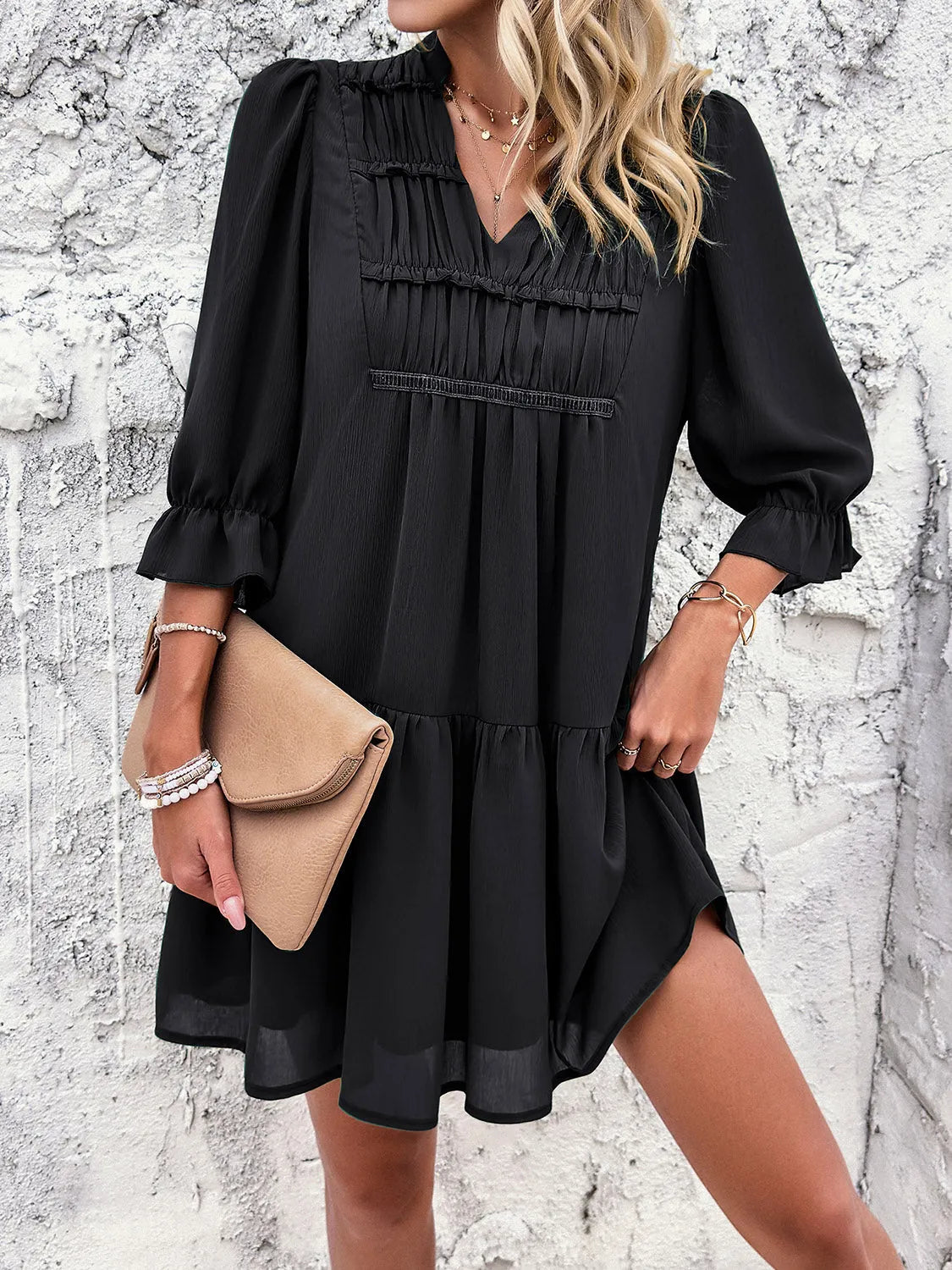 Ruched Notched Flounce Sleeve Dress Casual Dresses - Tophatter Daily Deals