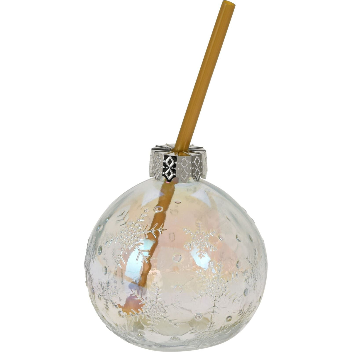 Christmas Bauble Drinking Jar | Novelty Glass with Straw for Festive Drinks Iridescent Clear Drinking Jar - Tophatter Daily Deals