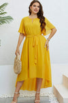 Belted Flutter Sleeve High-Low Dress Mustard Casual Dresses - Tophatter Daily Deals