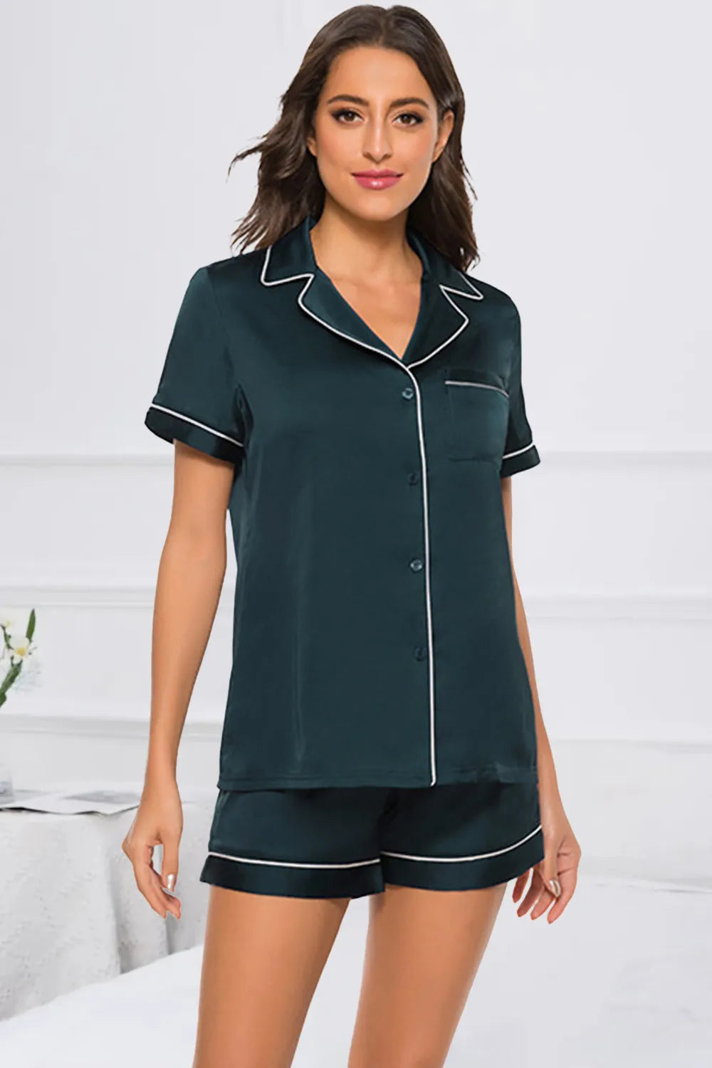 Printed Button Up Short Sleeve Top and Shorts Lounge Set Deep Teal Loungewear Sets Apparel & Accessories H#Y HOT DEALS HOME PAGE Lingerie Sleepwear Loungewear Loungewear Sets New Deals Sexy sexy lingerie Ship From Overseas Ship from USA Sleep Sleepwear Sleepwear & Loungewear USA USA STOCK - Tophatter Daily Deals And Savings