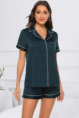 Printed Button Up Short Sleeve Top and Shorts Lounge Set Loungewear Sets - Tophatter Daily Deals