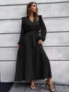 Pleated Surplice Tie Waist Maxi Dress Black Casual Dresses - Tophatter Daily Deals