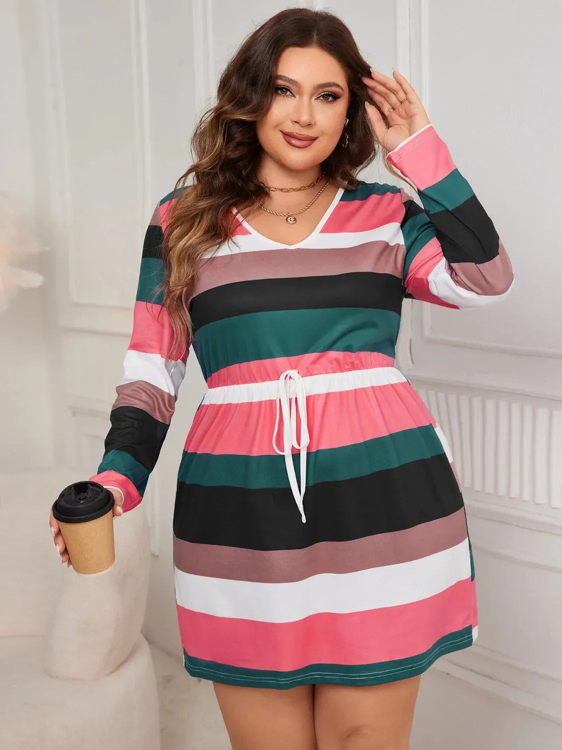 Plus Size Striped V-Neck Long Sleeve Mini Dress Casual Dresses - Tophatter Daily Deals
