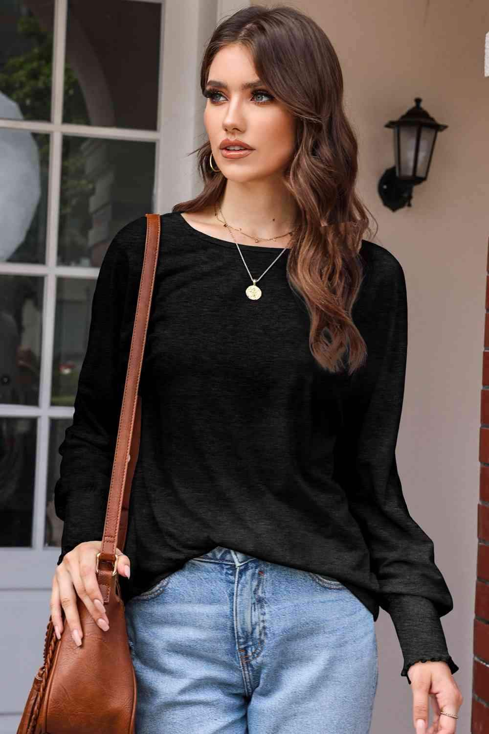 Round Neck Smocked Long Sleeve Blouse Black Blouses - Tophatter Daily Deals