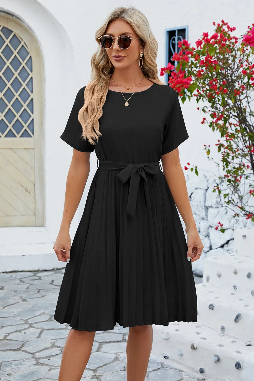 Pleated Tie Waist Short Sleeve Dress Black Casual Dresses - Tophatter Daily Deals