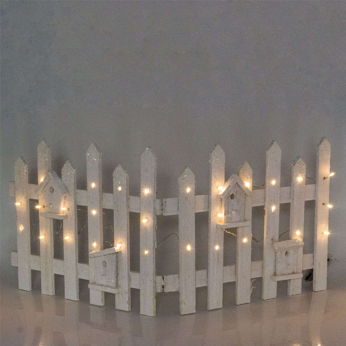 White Wooden LED Light Up Snow Topped Glitter Christmas Tree Fence | Snow Capped Picket Fence For Christmas Tree | White Wooden Christmas Tree Skirt Picket Fence Border - 100 x 40cm Tree Skirt - Tophatter Daily Deals
