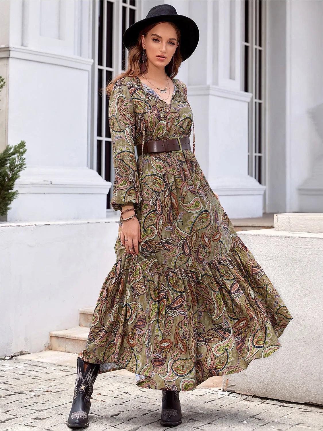 Printed Tie Neck Ruffle Hem Long Sleeve Dress Casual Dresses - Tophatter Daily Deals