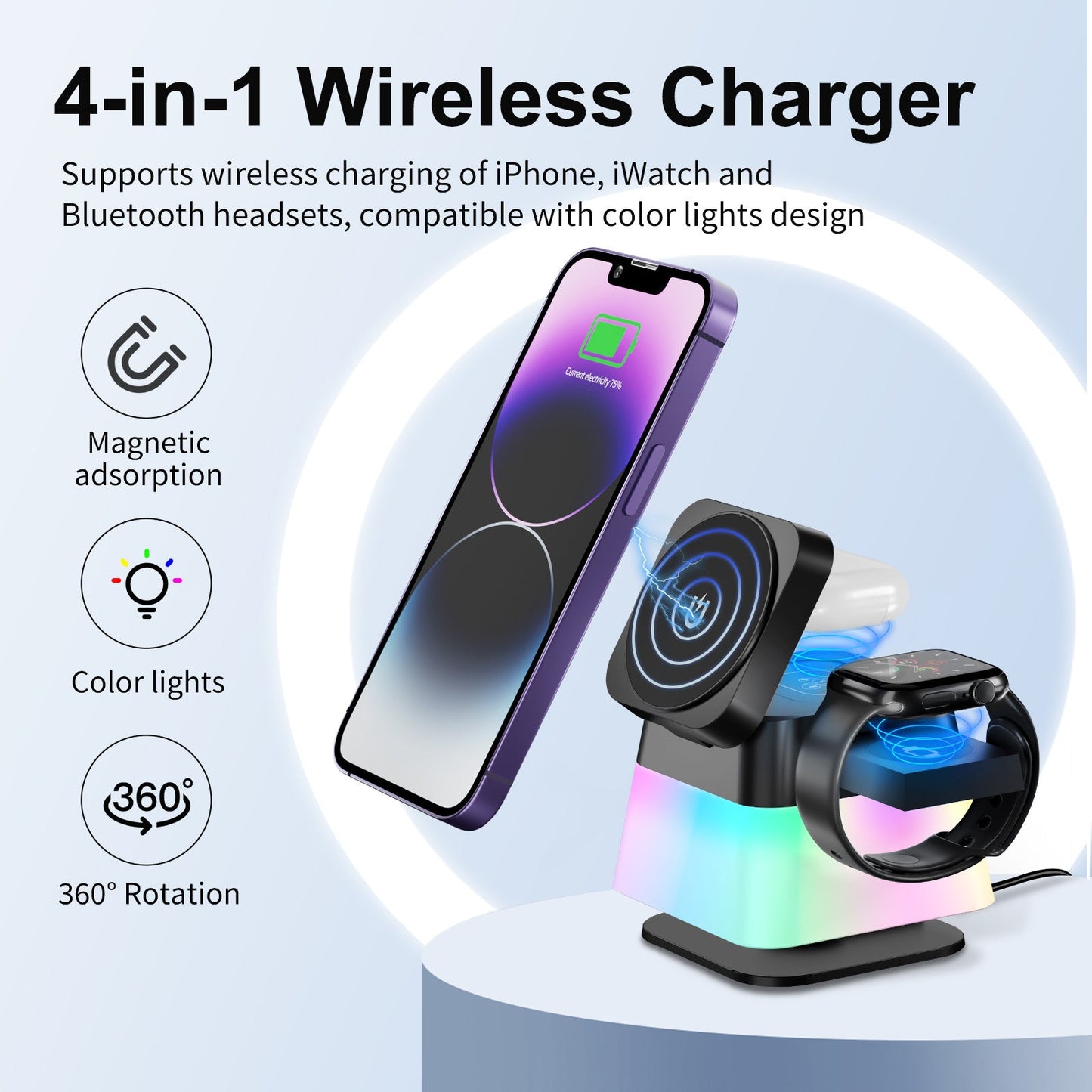 4 In 1 Rotatable Colorful Lighting Wireless Charger Stand For Phone 15 14 13 12 Pro Max 8 7 Holder Magnetic Fast Charging Station 0 - Tophatter Daily Deals