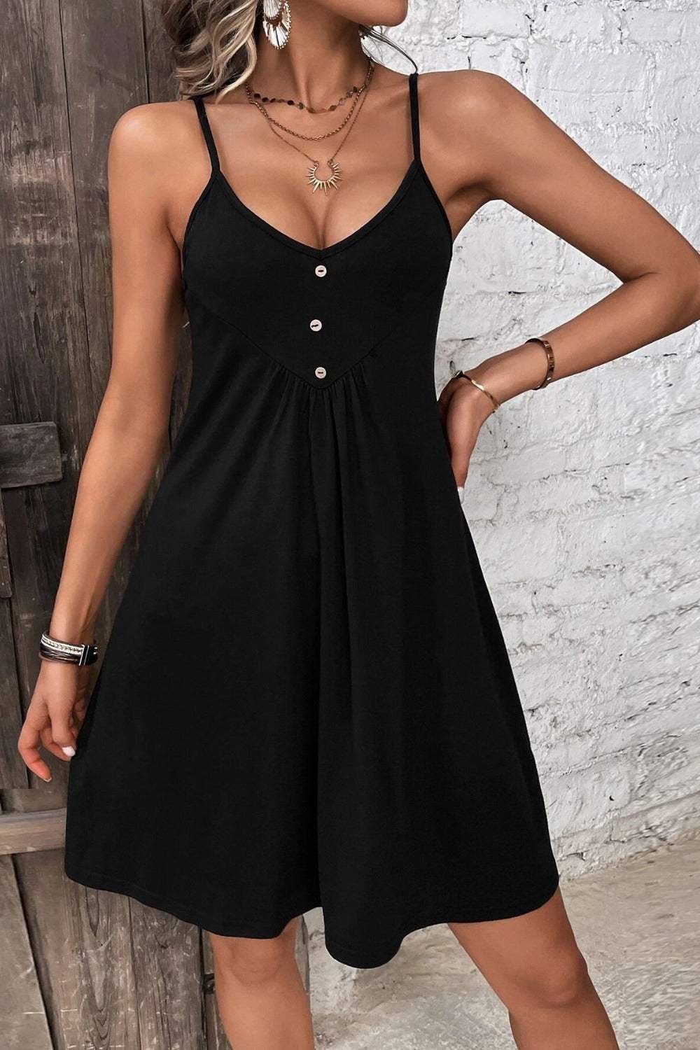 Decorative Button Scoop Neck Cami Dress Black Casual Dresses - Tophatter Daily Deals