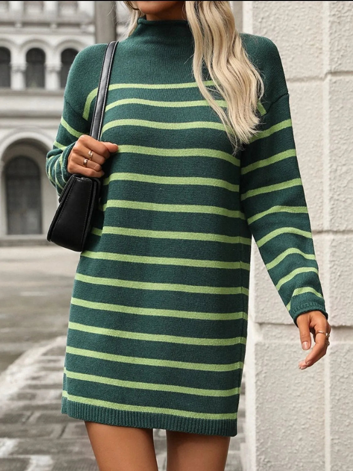 Striped Mock Neck Long Sleeve Mini Dress Dark Green Casual Dresses - Tophatter Daily Deals