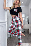 Lettuce Trim Cropped T-Shirt and Plaid Pants Lounge Set Plaid Loungewear Sets - Tophatter Daily Deals