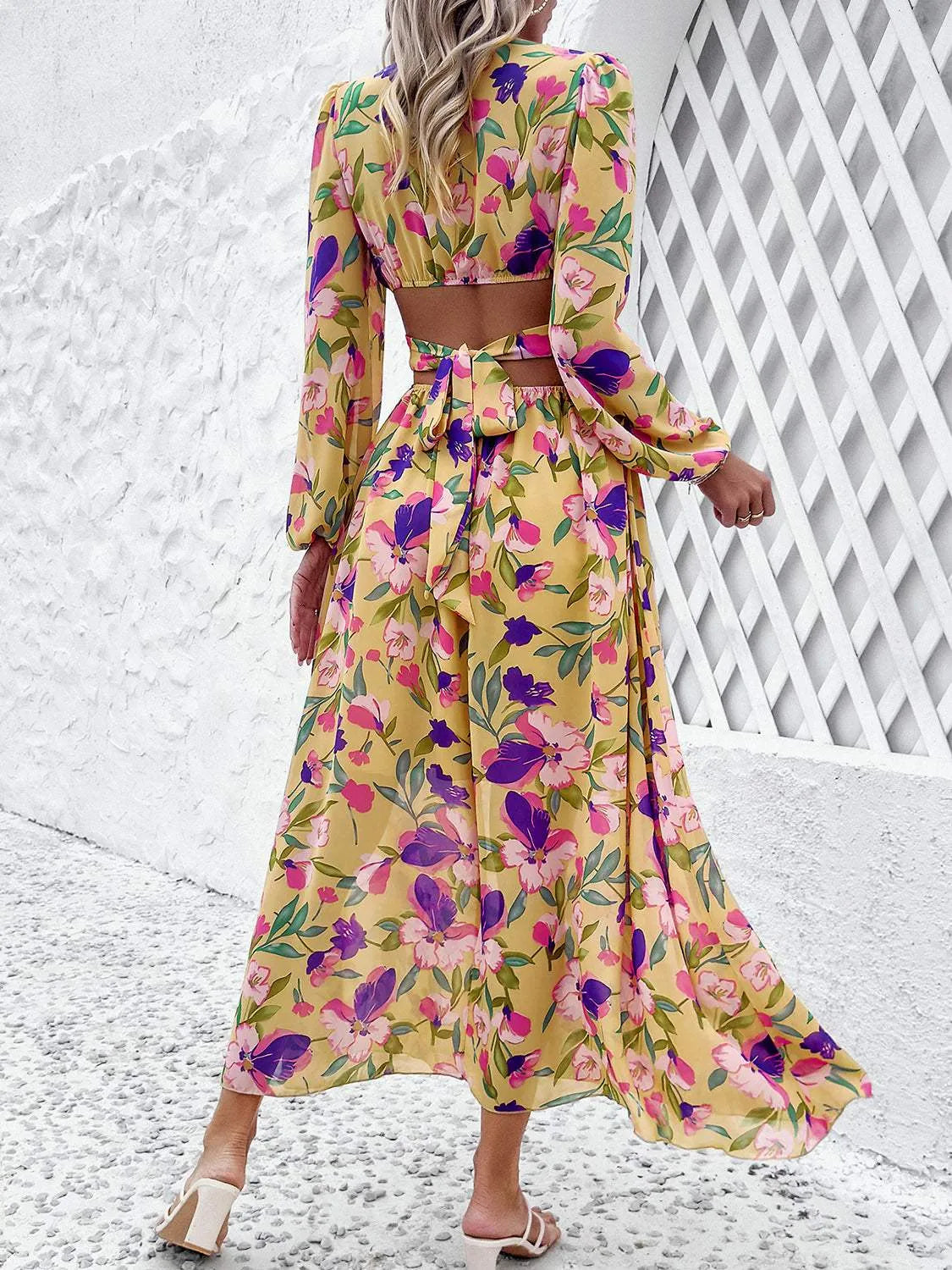 Cutout Printed V-Neck Balloon Sleeve Dress Casual Dresses - Tophatter Daily Deals