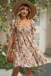 Smocked Printed Flounce Sleeve Mini Dress Camel Casual Dresses - Tophatter Daily Deals