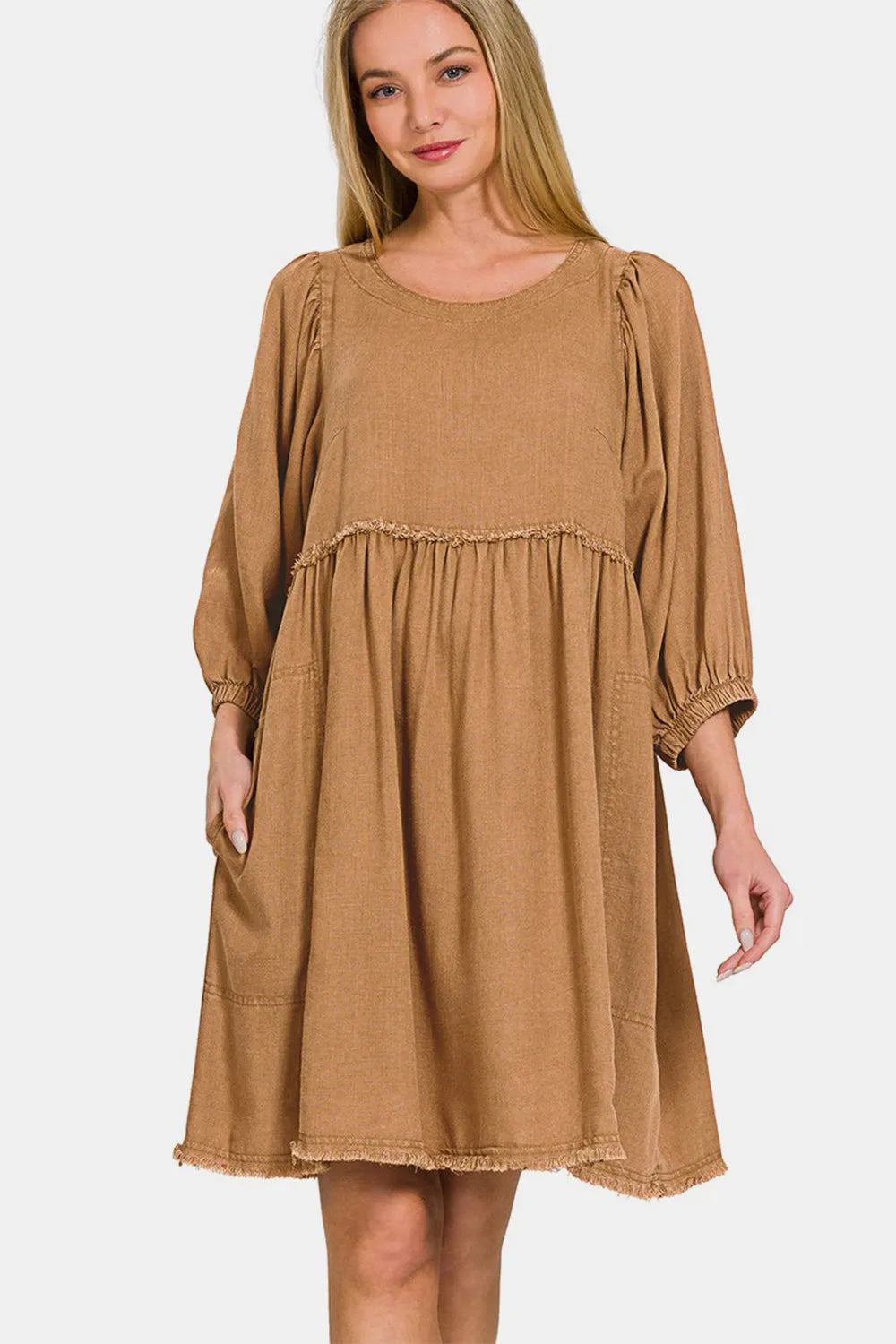 Zenana Washed Linen Pleated Puff Sleeve Babydoll Dress Deep Camel Casual Dresses - Tophatter Daily Deals