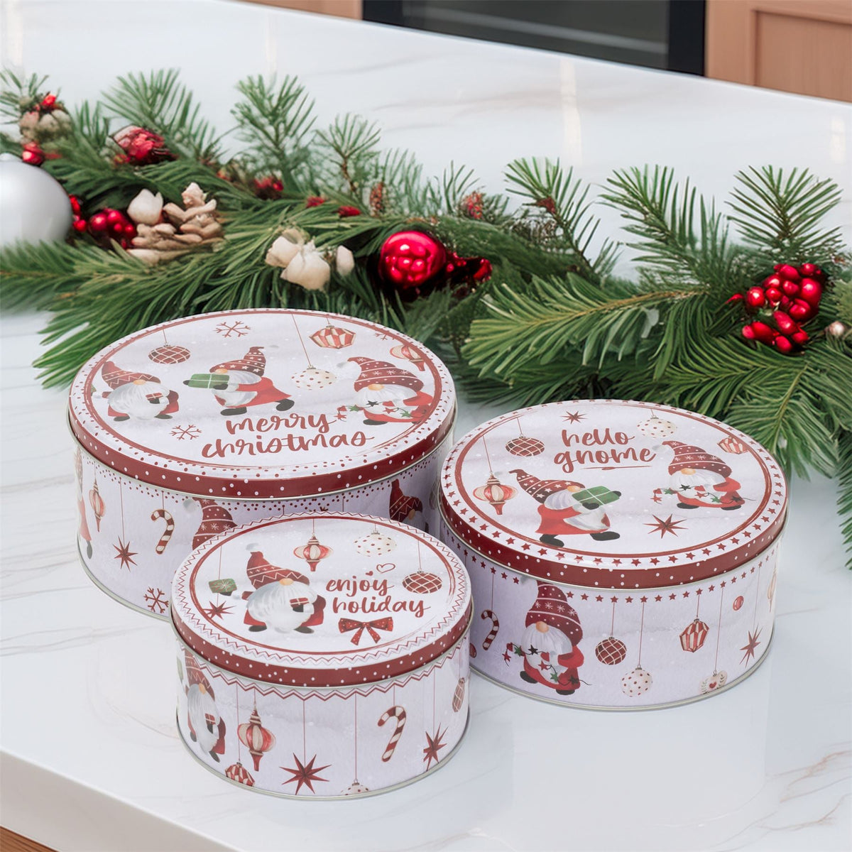 Set of 3 Christmas Gonk Storage Tins | 3-piece Gnome Round Kitchen Nesting Tins Biscuit Tin - Tophatter Daily Deals