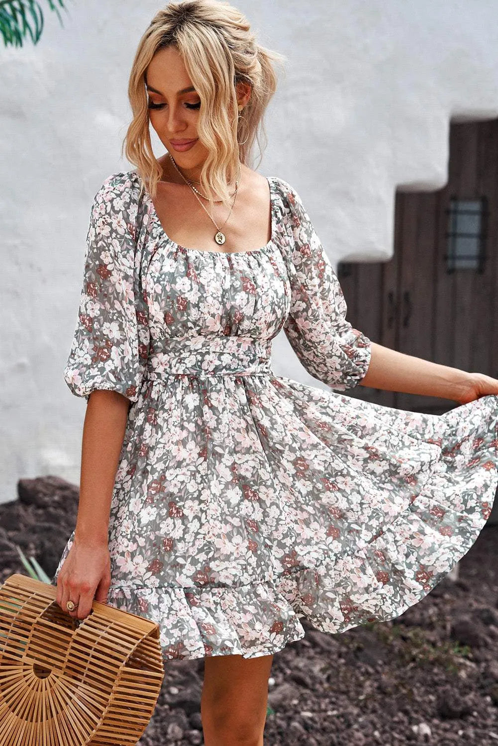 Tied Printed Square Neck Half Sleeve Dress Casual Dresses - Tophatter Daily Deals
