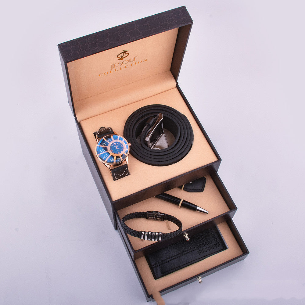 Business Gift Set Watch Belt Wallet Men's High-end Leather Bracelet Birthday Creative Gift Box Black 0 - Tophatter Daily Deals