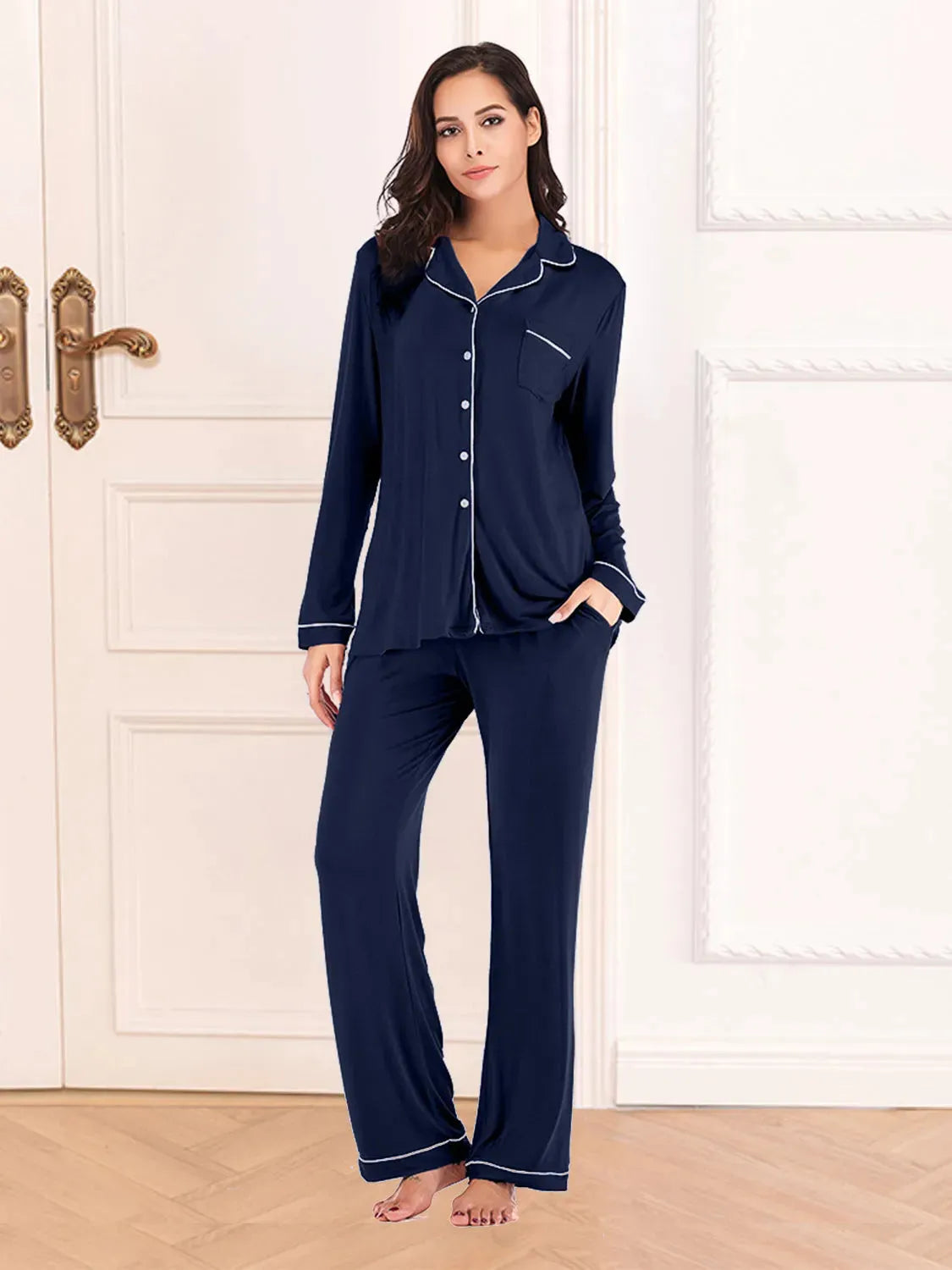 Collared Neck Long Sleeve Loungewear Set with Pockets Loungewear Sets - Tophatter Daily Deals