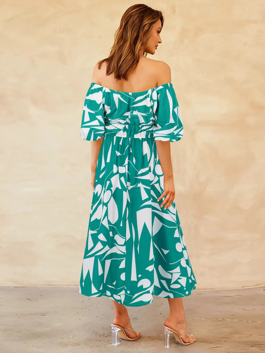 Printed Off-Shoulder Balloon Sleeve Dress Casual Dresses - Tophatter Daily Deals