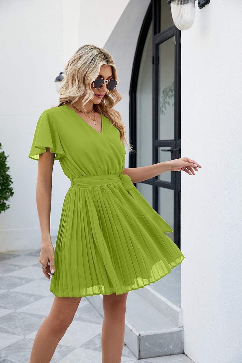 Surplice Neck Tie Waist Flutter Sleeve Pleated Dress Casual Dresses - Tophatter Daily Deals