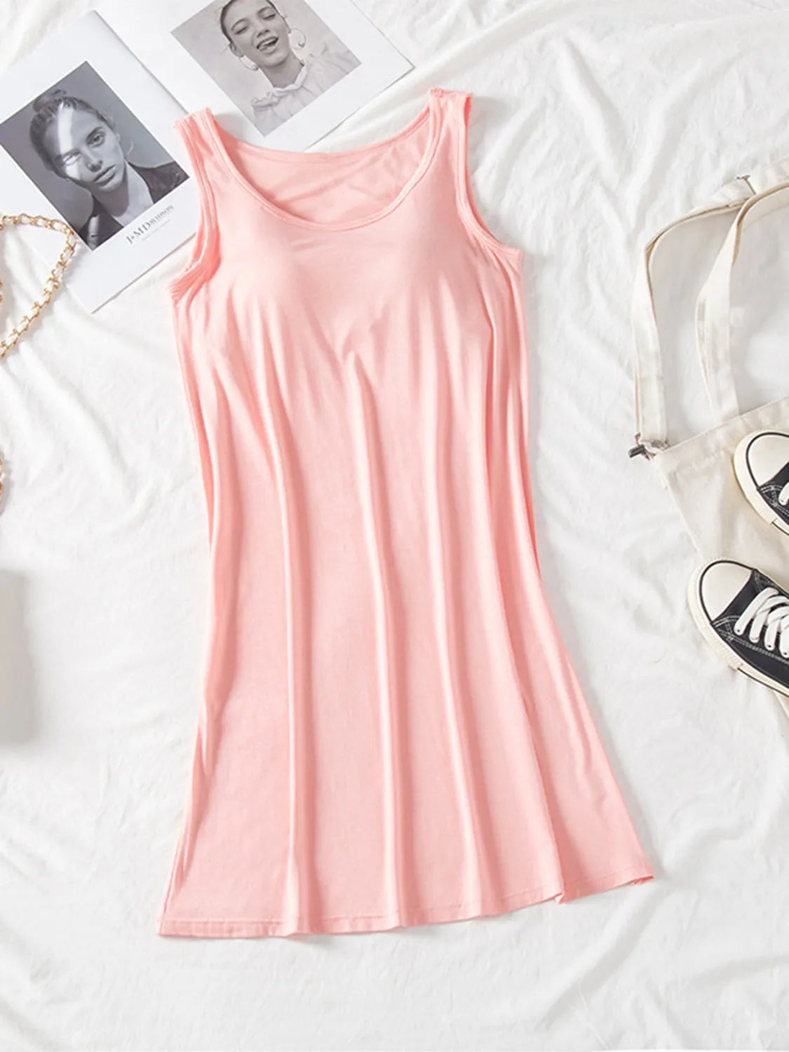 Round Neck Wide Strap Mini Tank Dress with Bra Blush Pink Casual Dresses - Tophatter Daily Deals