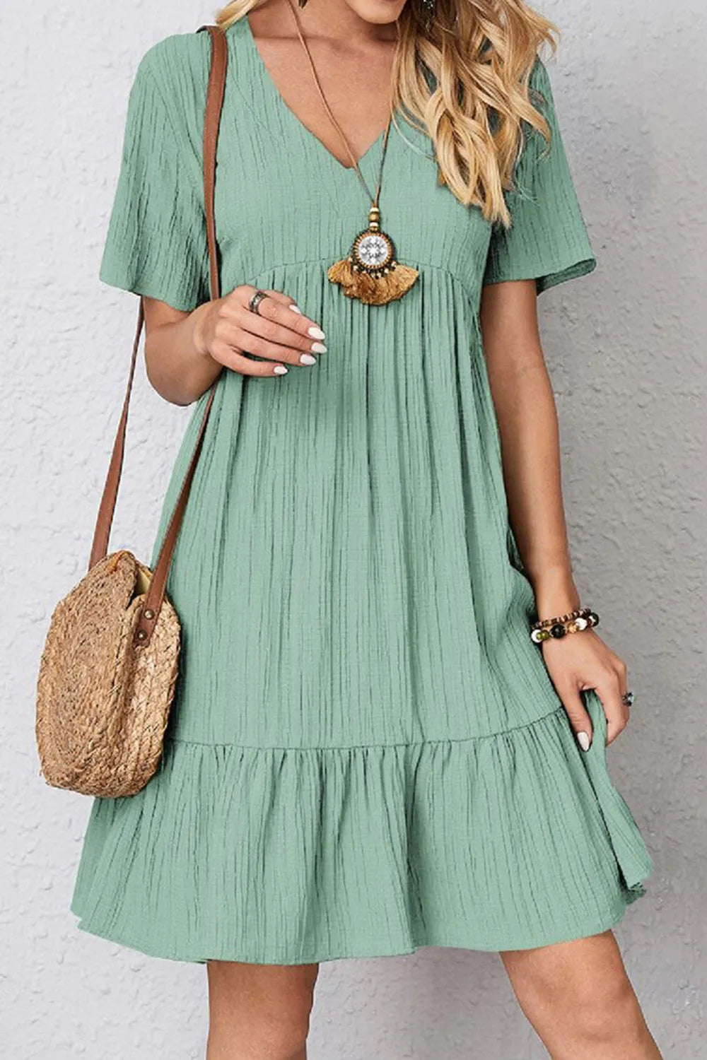 Full Size Ruched V-Neck Short Sleeve Dress Turquoise Casual Dresses - Tophatter Daily Deals