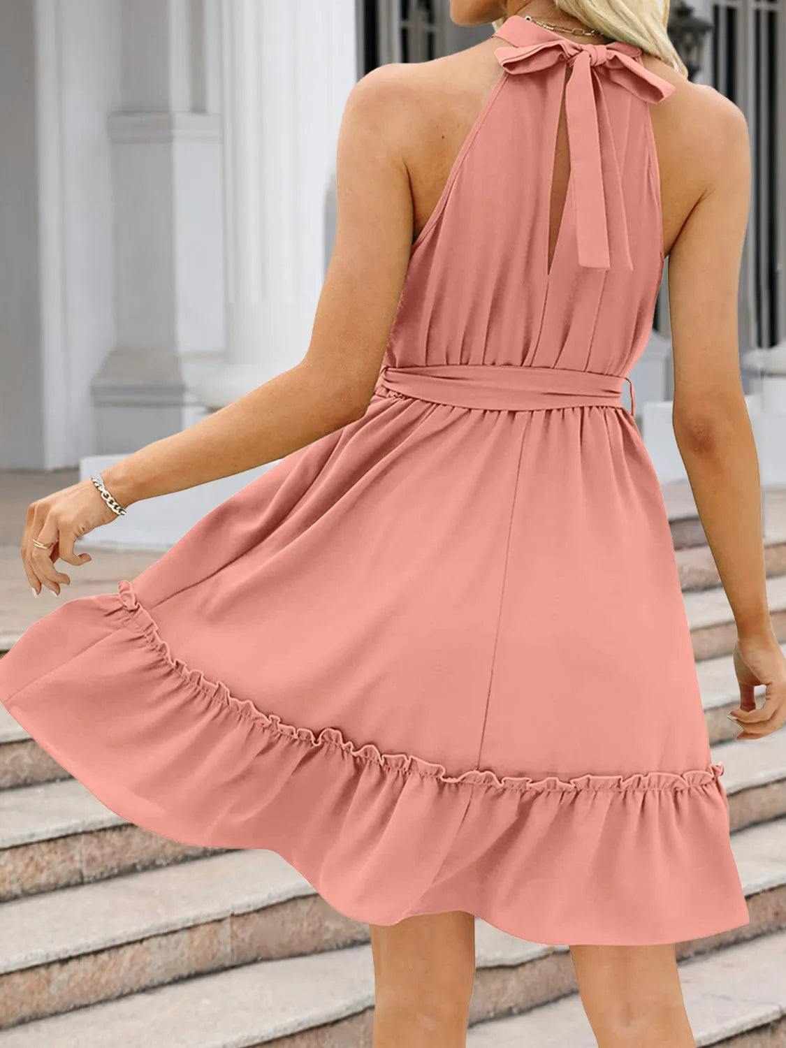 Ruched Grecian Neck Tie Waist Mini Dress Casual Dresses - Tophatter Daily Deals